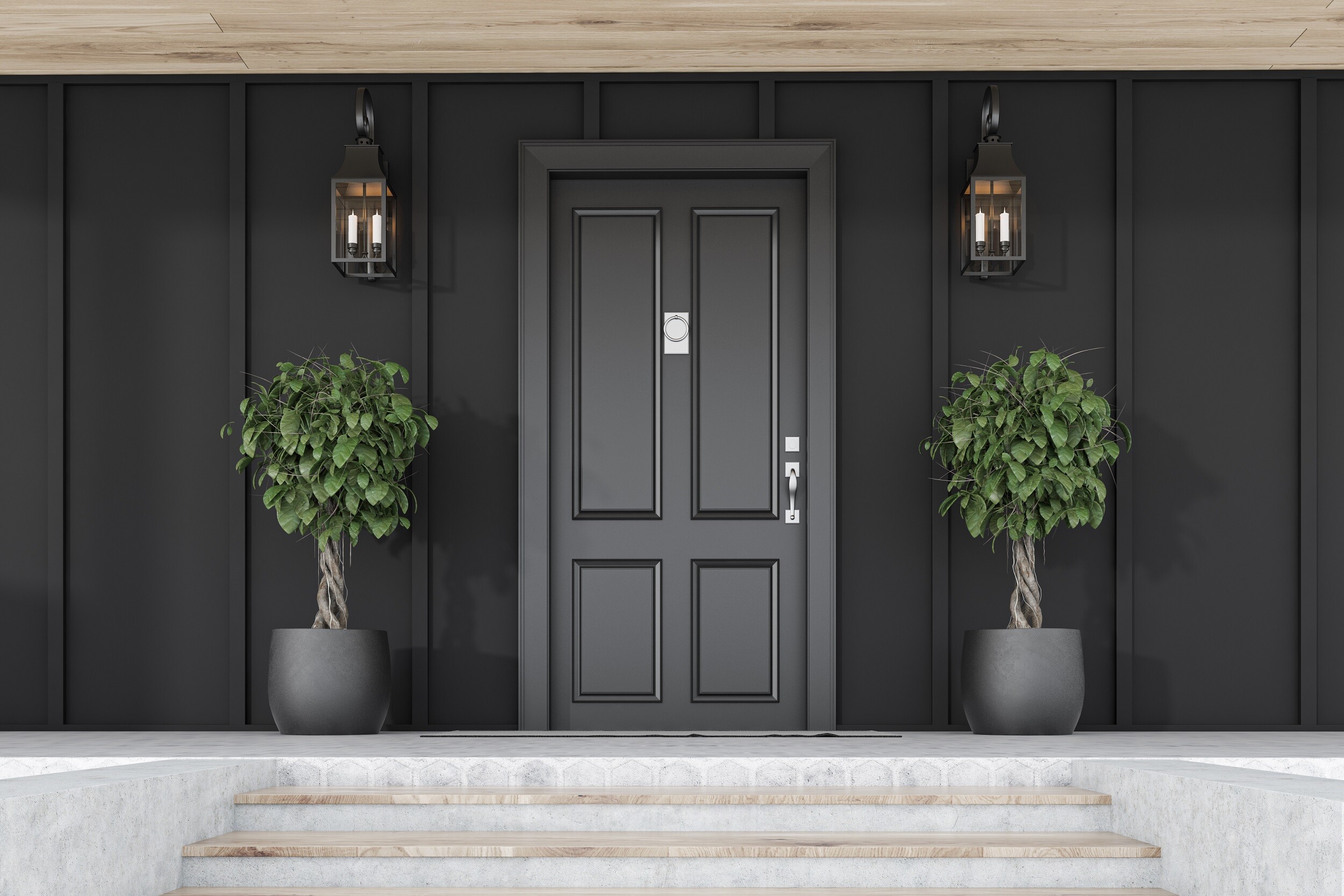 Artistic Image Showing A Black Front Door With Pot Plants Either Side